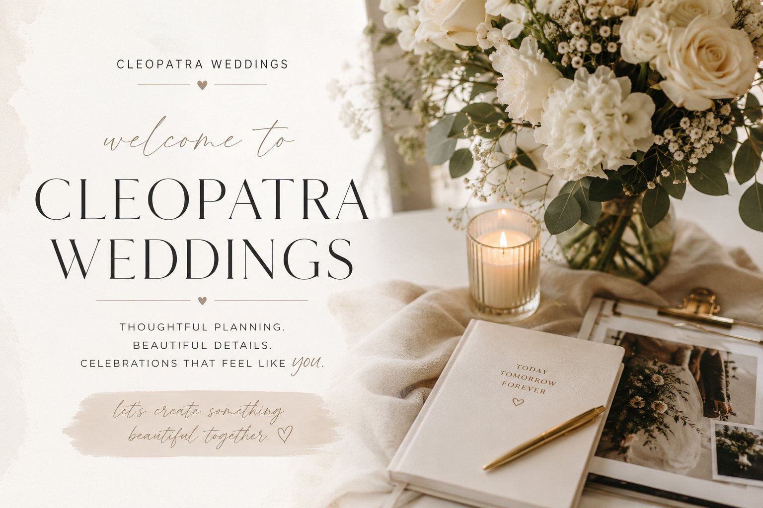 Welcome to Cleopatra Weddings — thoughtful planning, beautiful details, celebrations that feel like you.