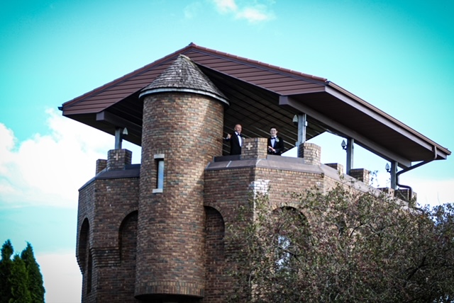 The Jensens atop the castle tower at their venue